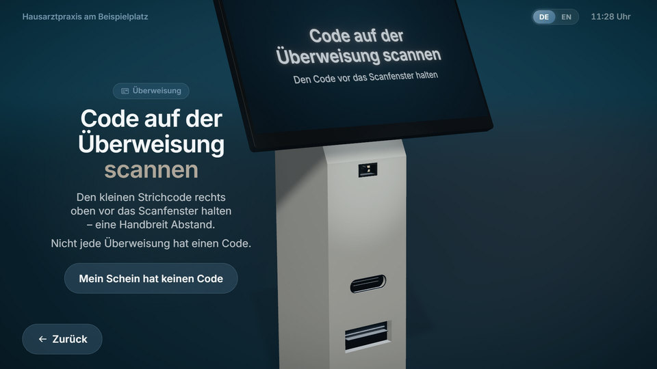 Bedienhilfe zum Scannen des Überweisungscodes am Terminal